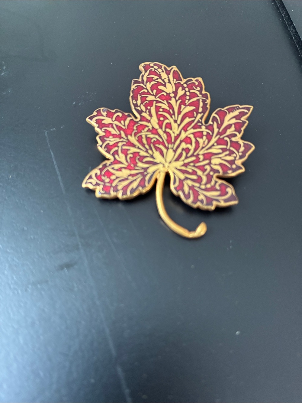 Gold-Tone Red Enamel Maple Leaf Brooch